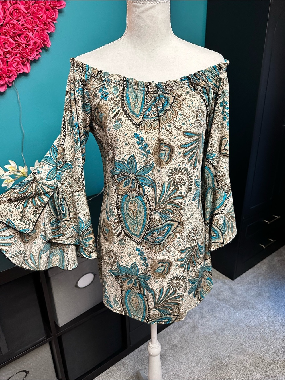 WinWin Teal Paisley One-Shoulder Bell-Sleeve Dress or Top